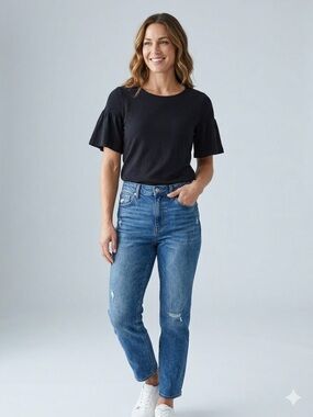 Crown & Ivy Black Short Sleeve Blouse with Ruched Shoulders